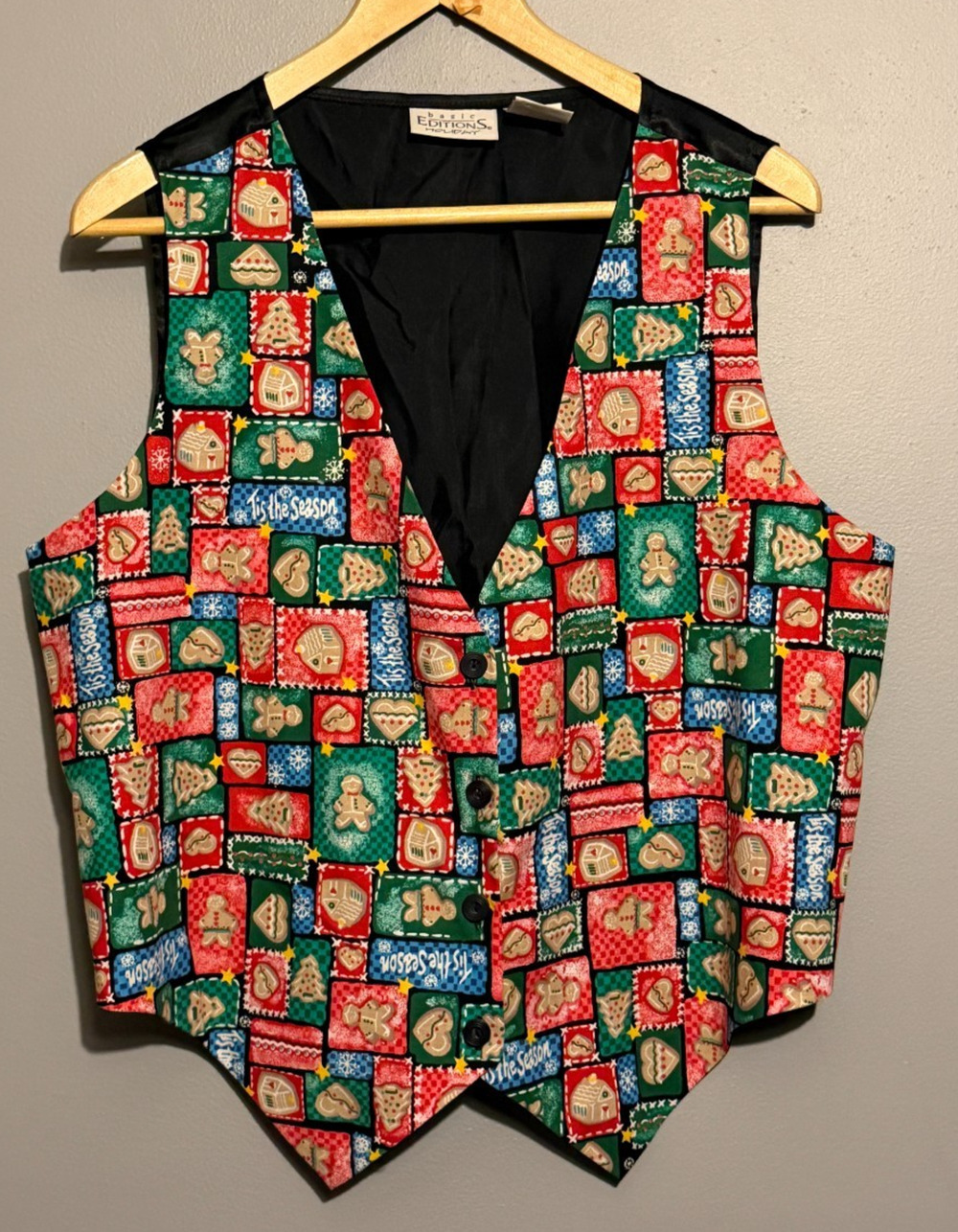 Basic Editions Vintage Christmas Vest Womens L Gingerbread Cookie Patchwork